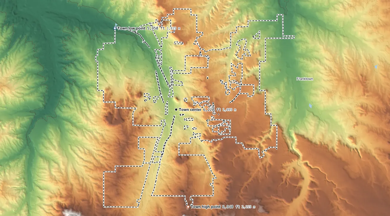 Topographic elevation map of Castle Rock, Colorado, shaded from 5,950 ft on the northwest side to 6,940 ft on the south side