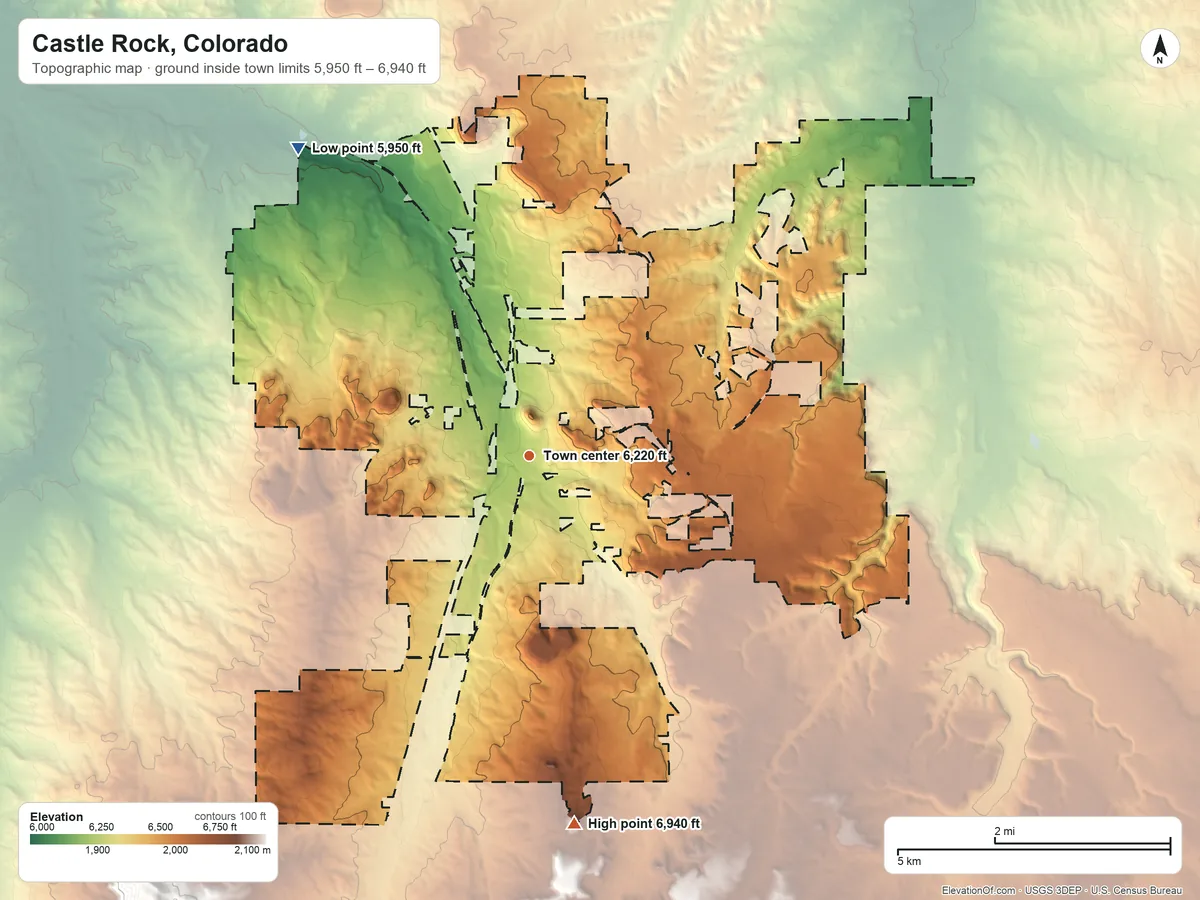 Topographic elevation map of Castle Rock, Colorado, shaded from 5,950 ft on the northwest side to 6,940 ft on the south side
