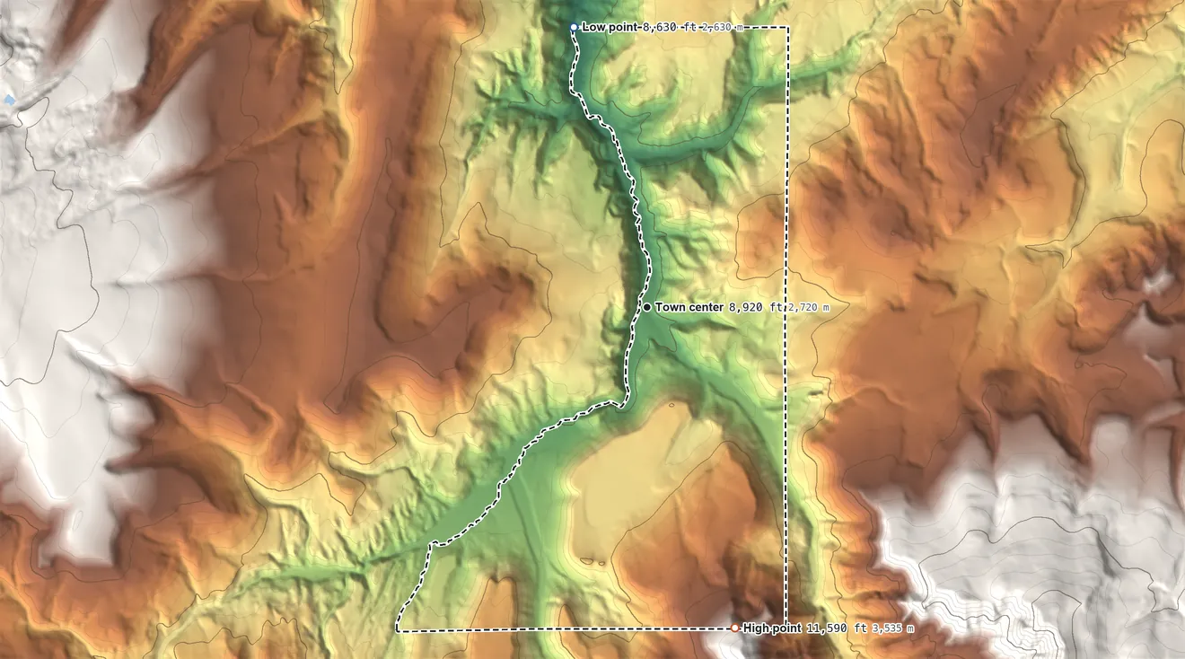 Topographic elevation map of Cathedral, Colorado, shaded from 8,630 ft on the north side to 11,590 ft at the foot of the La Garita Mountains
