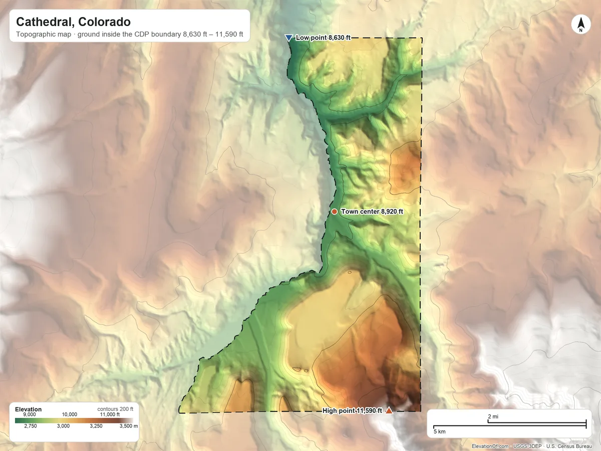 Topographic elevation map of Cathedral, Colorado, shaded from 8,630 ft on the north side to 11,590 ft at the foot of the La Garita Mountains