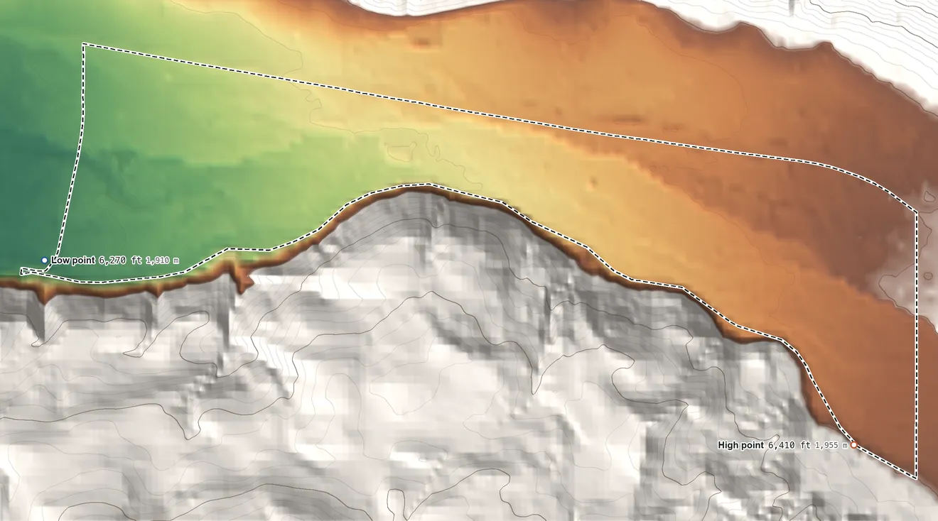 Topographic elevation map of Catherine, Colorado, shaded from 6,270 ft on the southwest side to 6,410 ft on the southeast edge, below higher ground just outside