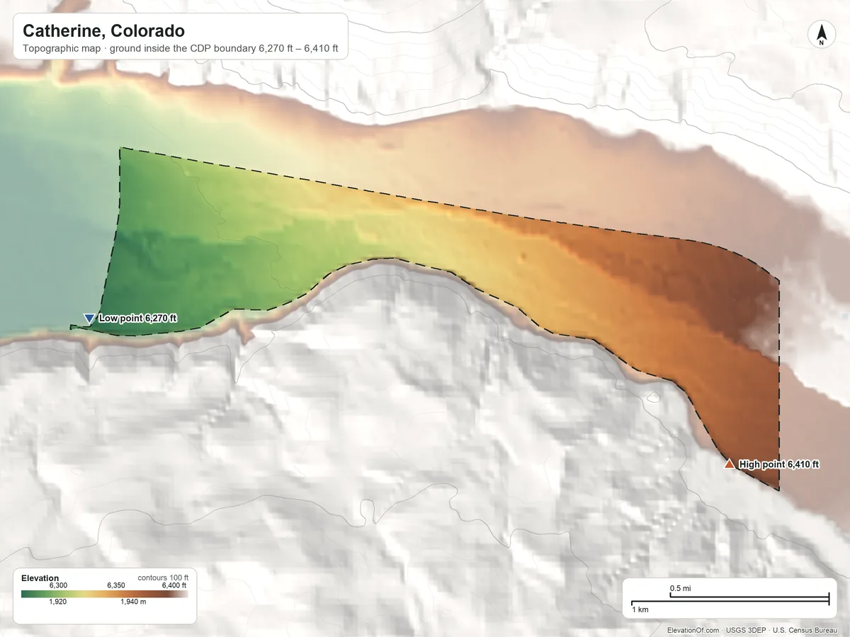 Topographic elevation map of Catherine, Colorado, shaded from 6,270 ft on the southwest side to 6,410 ft on the southeast edge, below higher ground just outside
