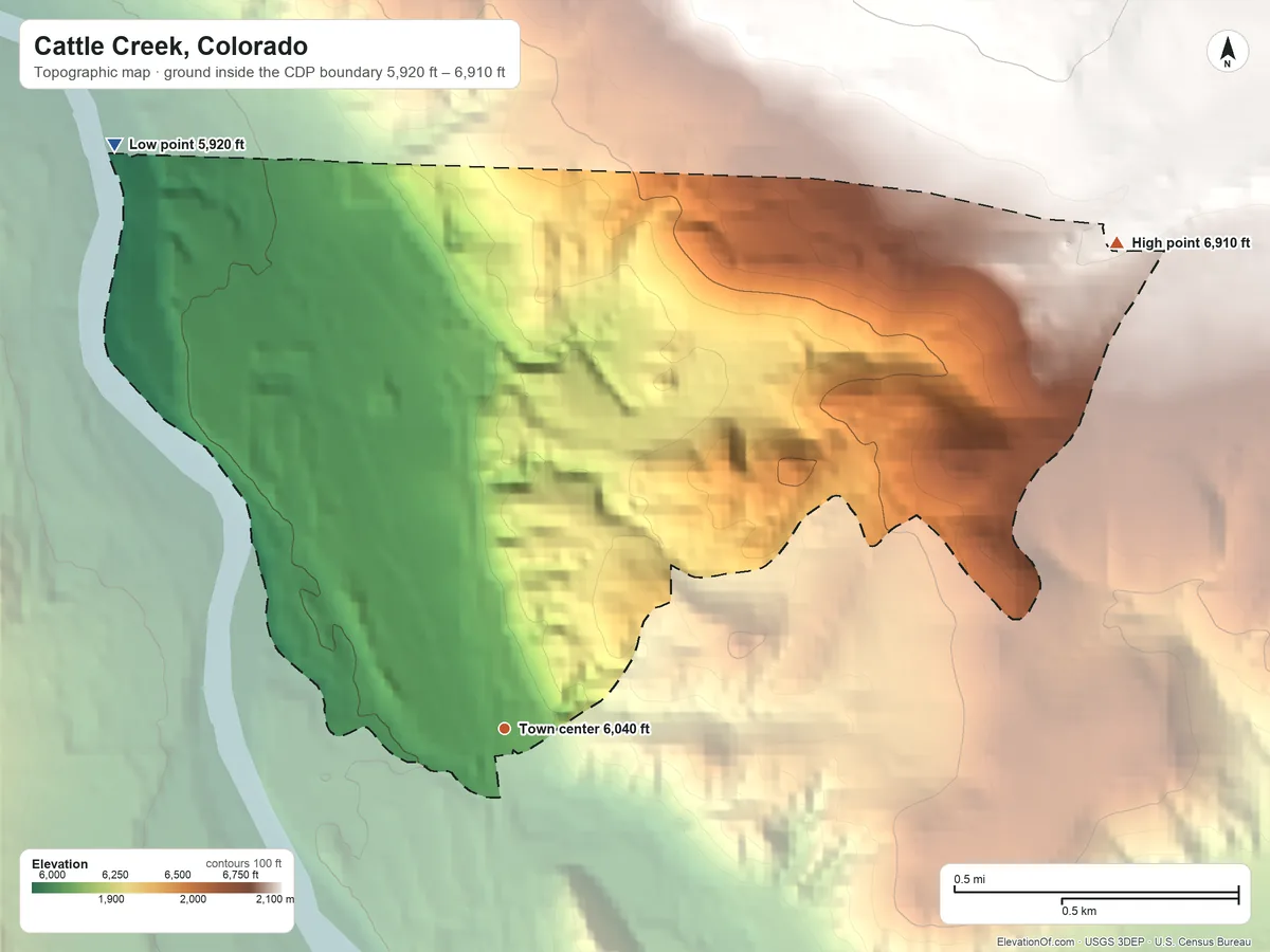 Topographic elevation map of Cattle Creek, Colorado, shaded from 5,920 ft on the northwest side to 6,910 ft on the northeast edge, below higher ground just outside