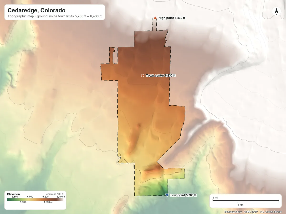 Topographic elevation map of Cedaredge, Colorado, shaded from 5,700 ft on the south side to 6,430 ft on the north edge, below higher ground just outside