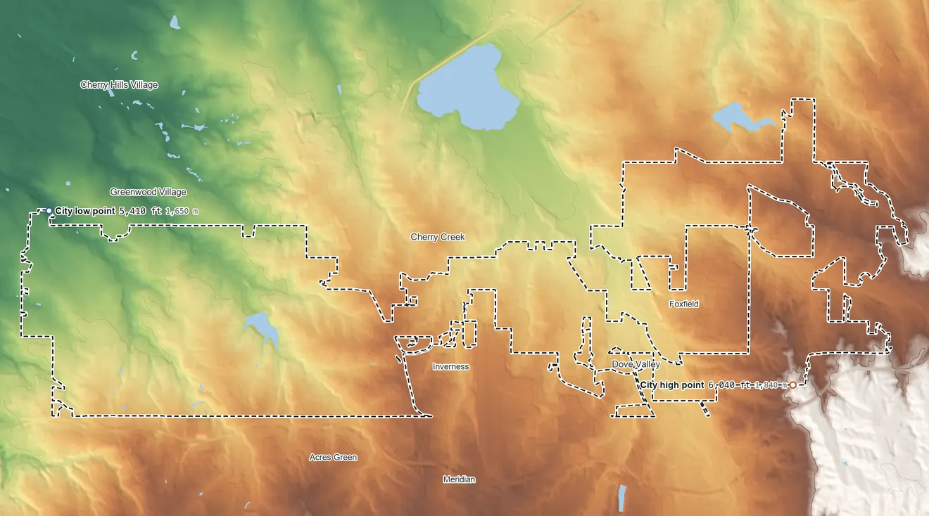 Topographic elevation map of Centennial, Colorado, shaded from 5,410 ft on the west side to 6,040 ft on the east side