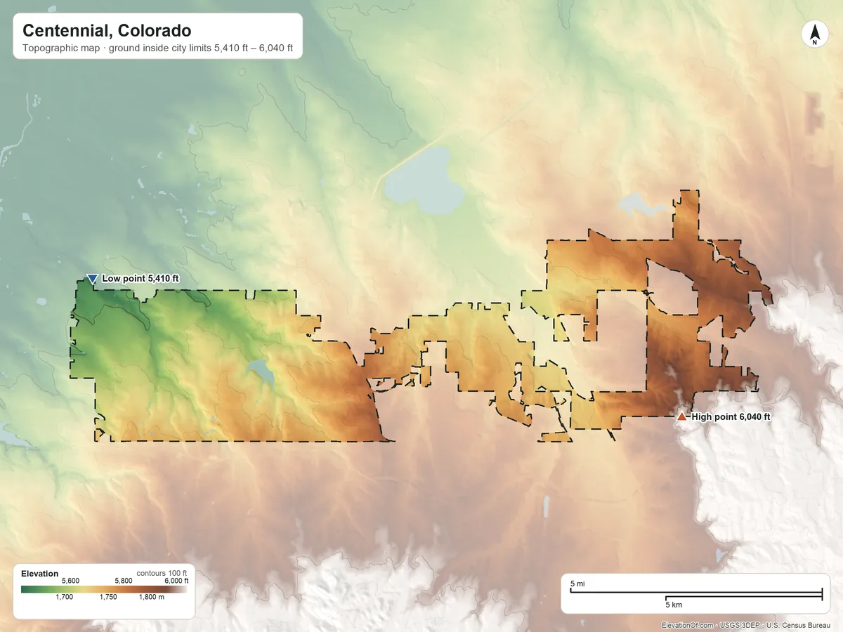 Topographic elevation map of Centennial, Colorado, shaded from 5,410 ft on the west side to 6,040 ft on the east side