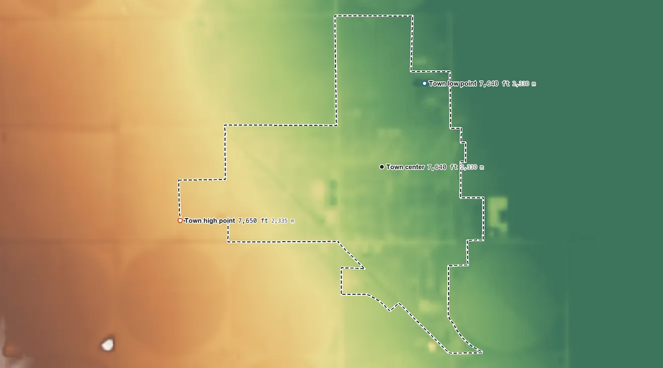 Topographic elevation map of Center, Colorado, shaded from 7,640 ft on the northeast side to 7,650 ft on the west side