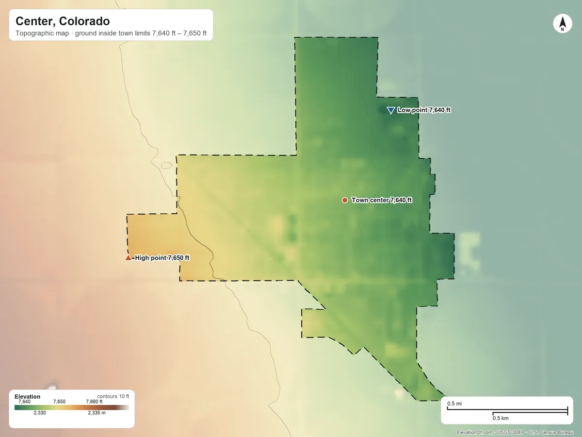 Topographic elevation map of Center, Colorado, shaded from 7,640 ft on the northeast side to 7,650 ft on the west side