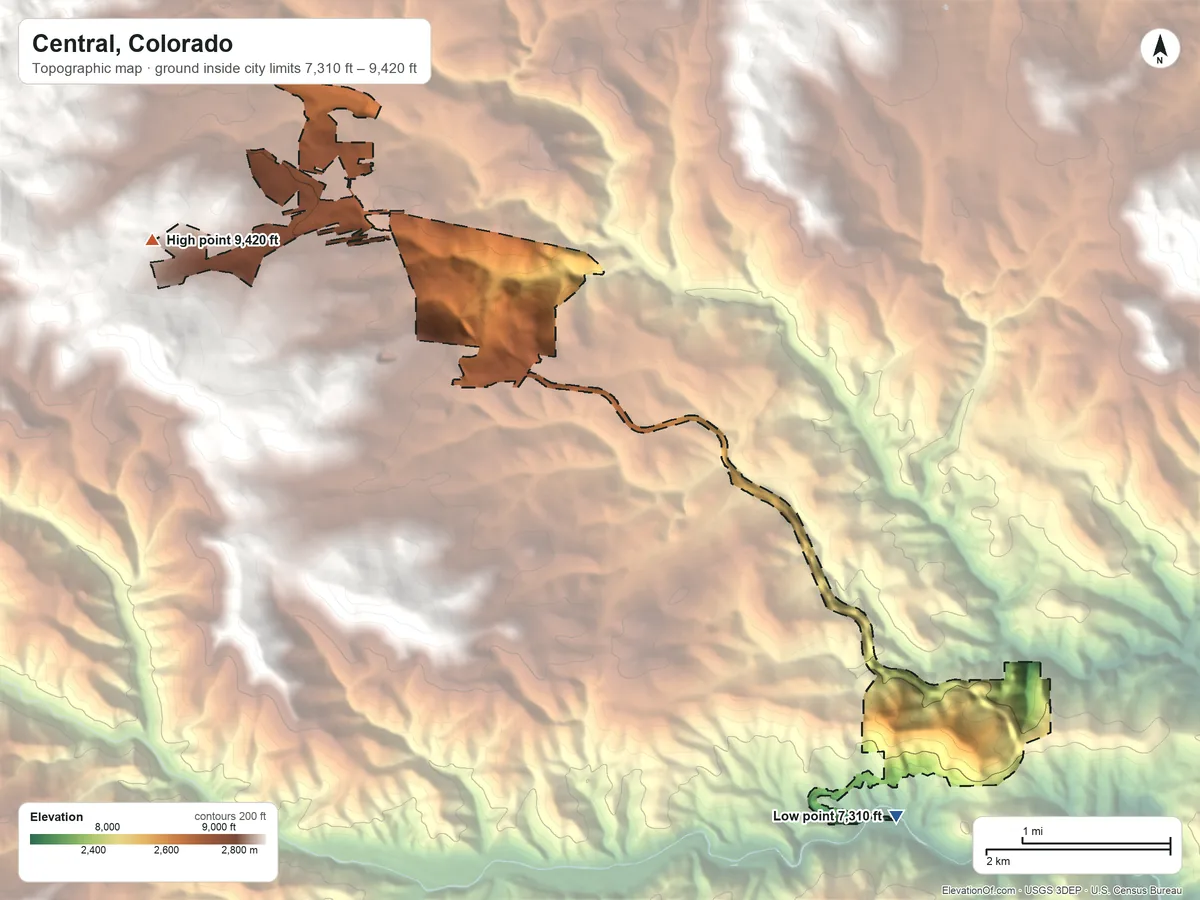 Topographic elevation map of Central, Colorado, shaded from 7,310 ft on the southeast side to 9,420 ft on the west edge, below higher ground just outside