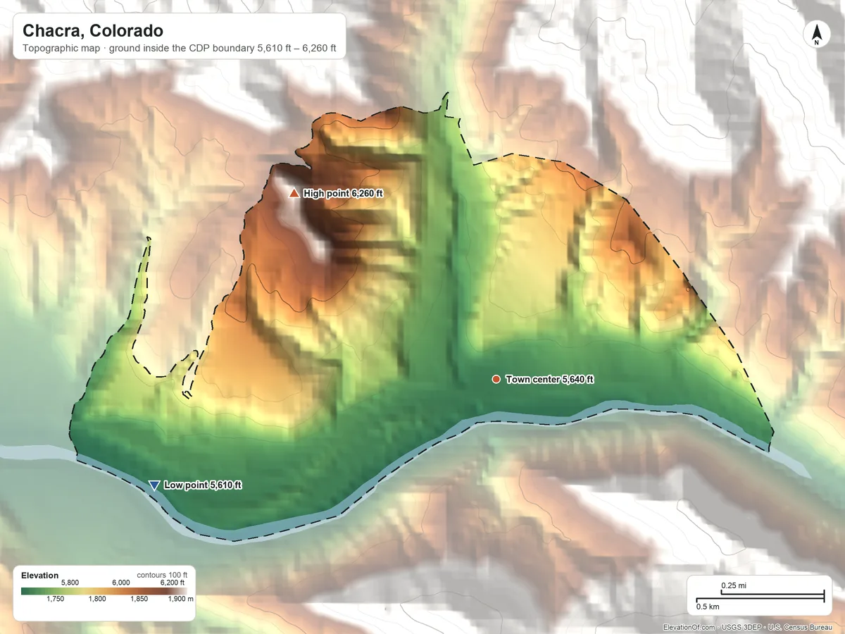 Topographic elevation map of Chacra, Colorado, shaded from 5,610 ft on the west side to 6,260 ft on the northwest edge, below higher ground just outside