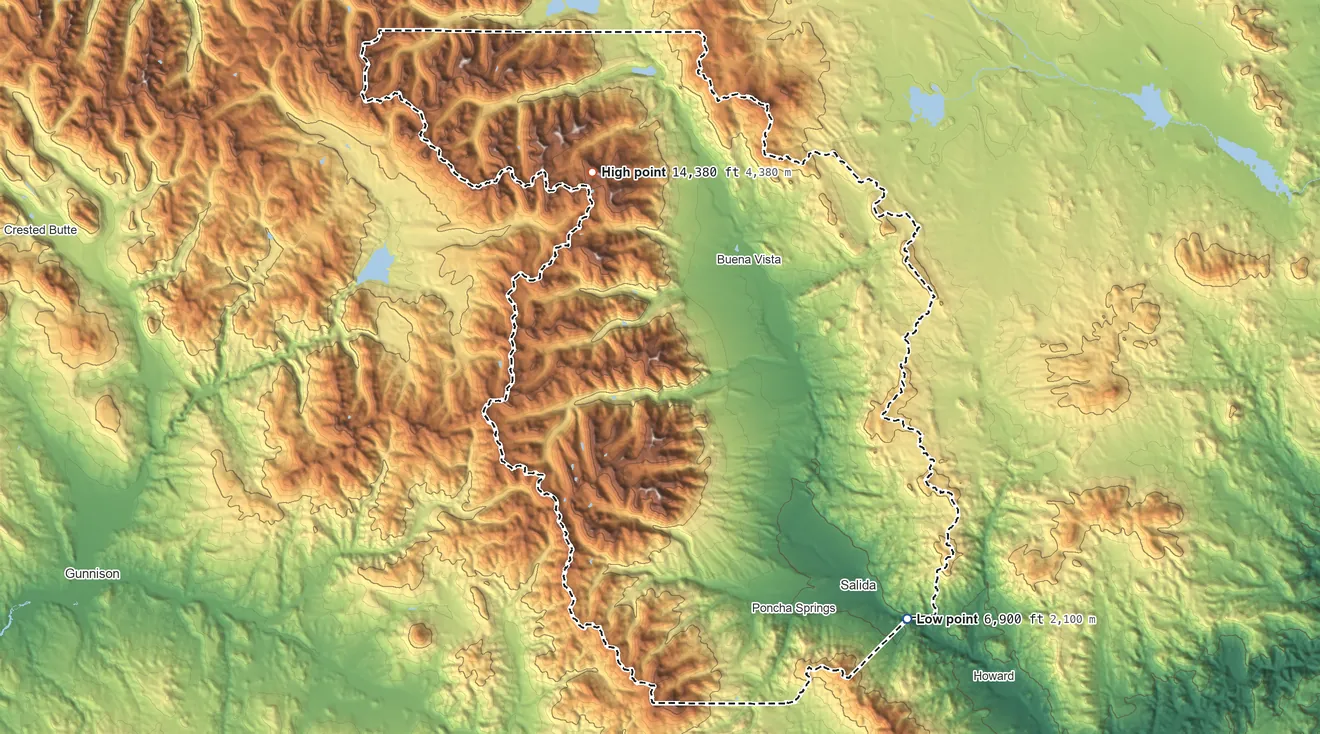 Topographic elevation map of Chaffee County, Colorado, shaded from 6,900 ft on the southeast side to 14,380 ft on Mount Harvard