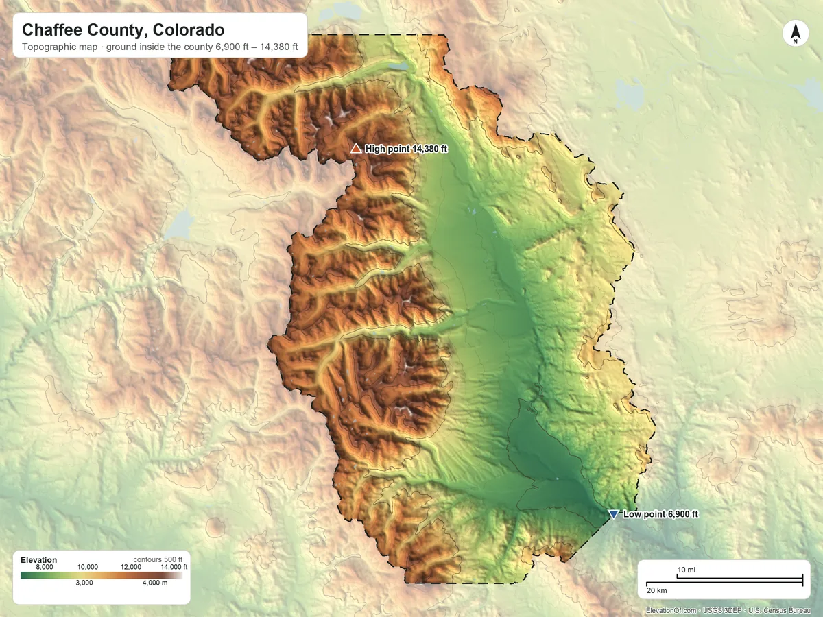 Topographic elevation map of Chaffee County, Colorado, shaded from 6,900 ft on the southeast side to 14,380 ft on Mount Harvard