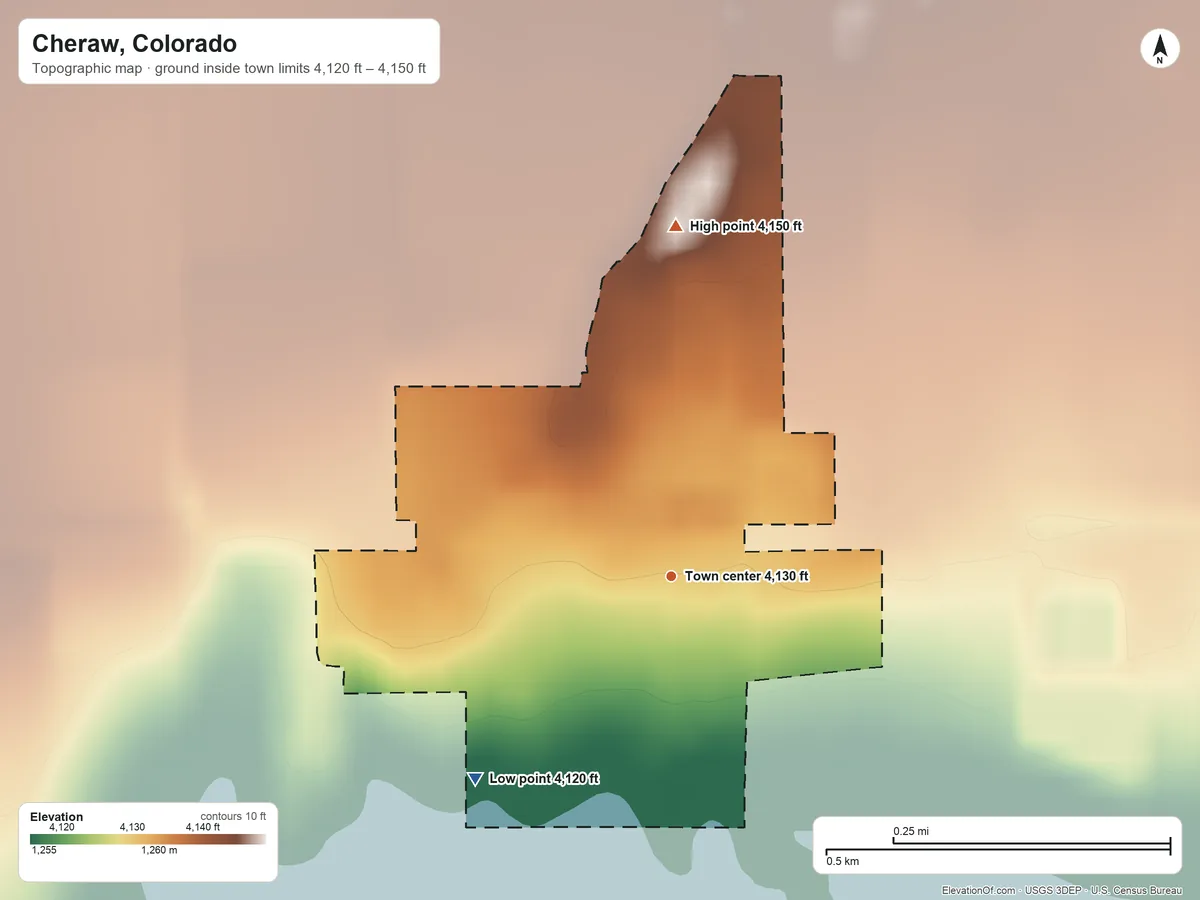 Topographic elevation map of Cheraw, Colorado, shaded from 4,120 ft on the southwest side to 4,150 ft on the north side