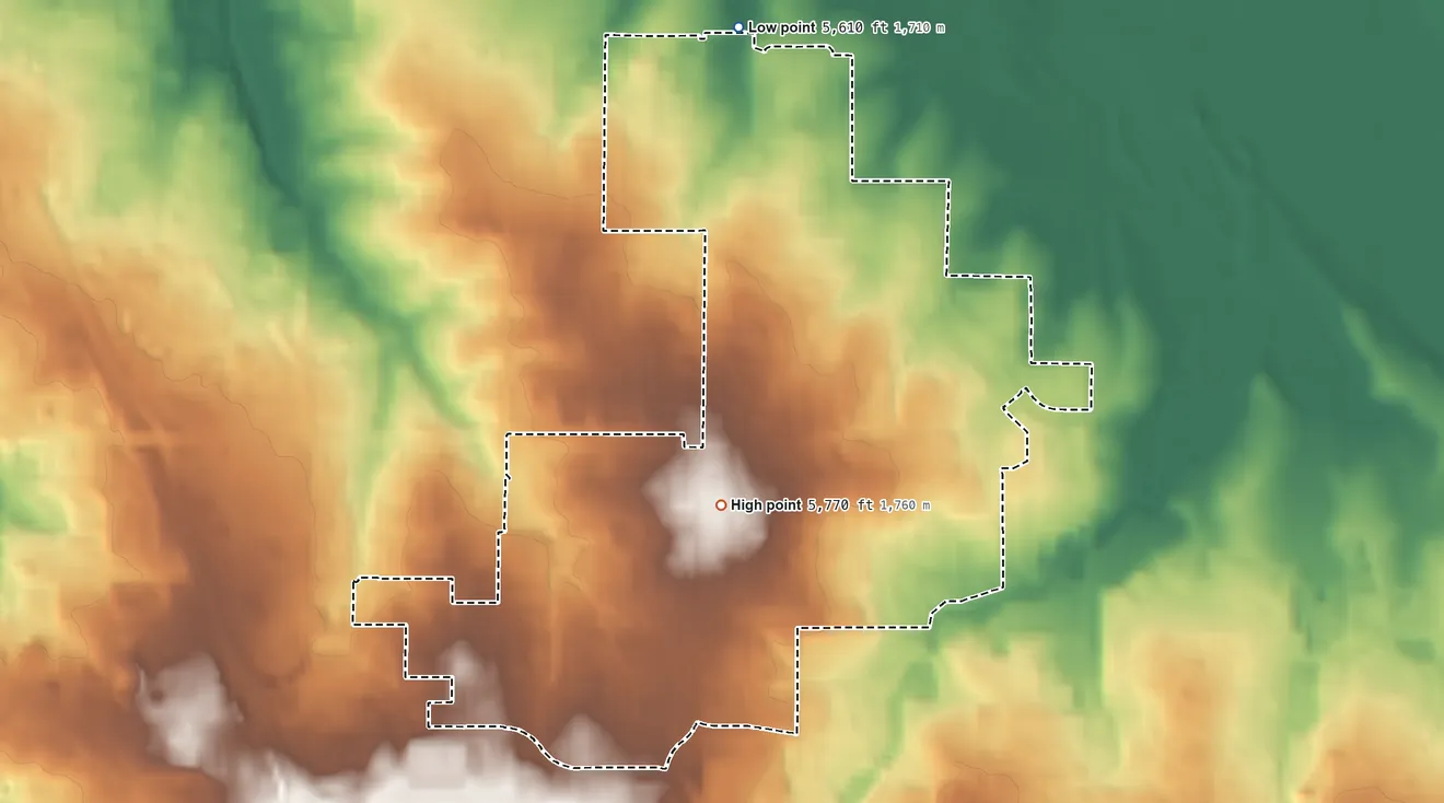 Topographic elevation map of Cherry Creek, Colorado, shaded from 5,610 ft on the north side to 5,770 ft near the middle