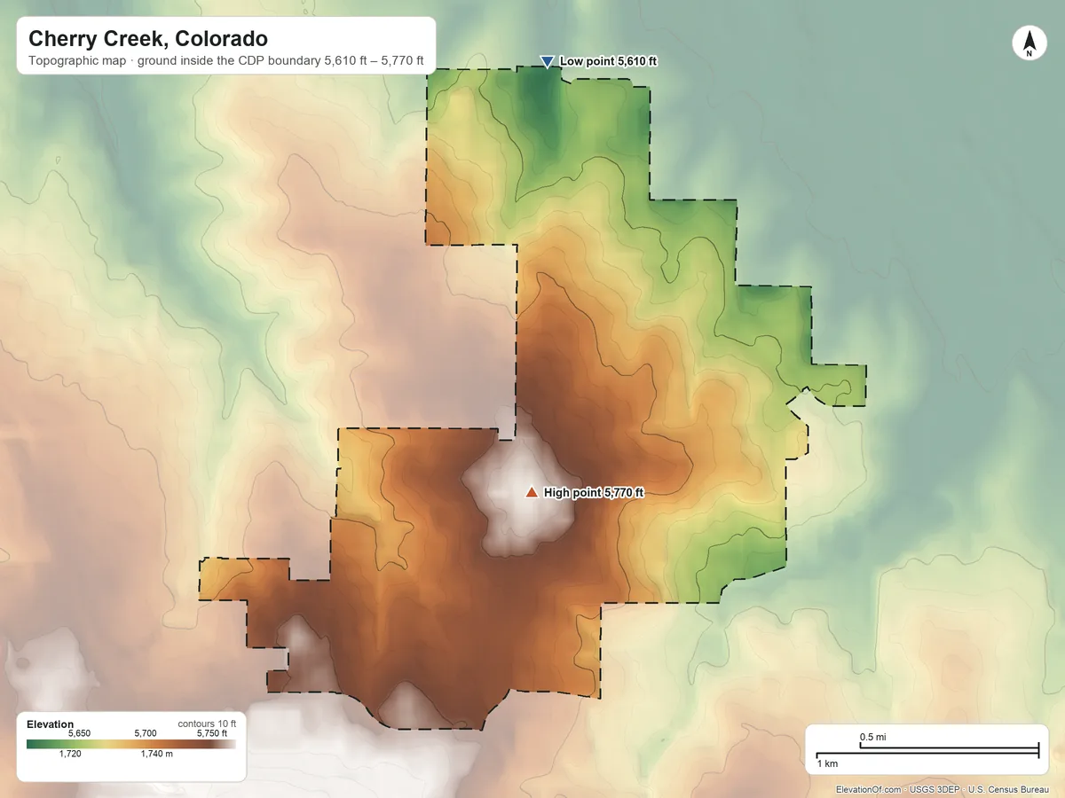Topographic elevation map of Cherry Creek, Colorado, shaded from 5,610 ft on the north side to 5,770 ft near the middle