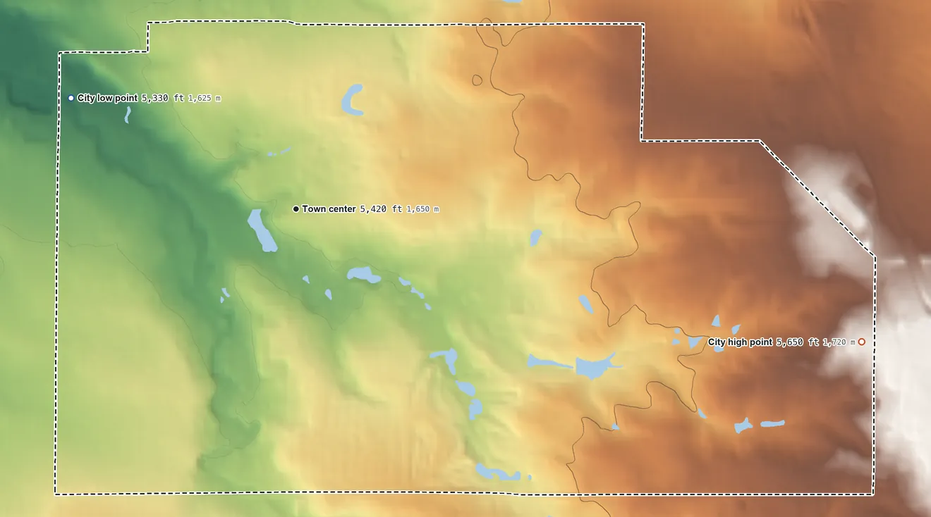 Topographic elevation map of Cherry Hills Village, Colorado, shaded from 5,330 ft on the northwest side to 5,650 ft on the east side