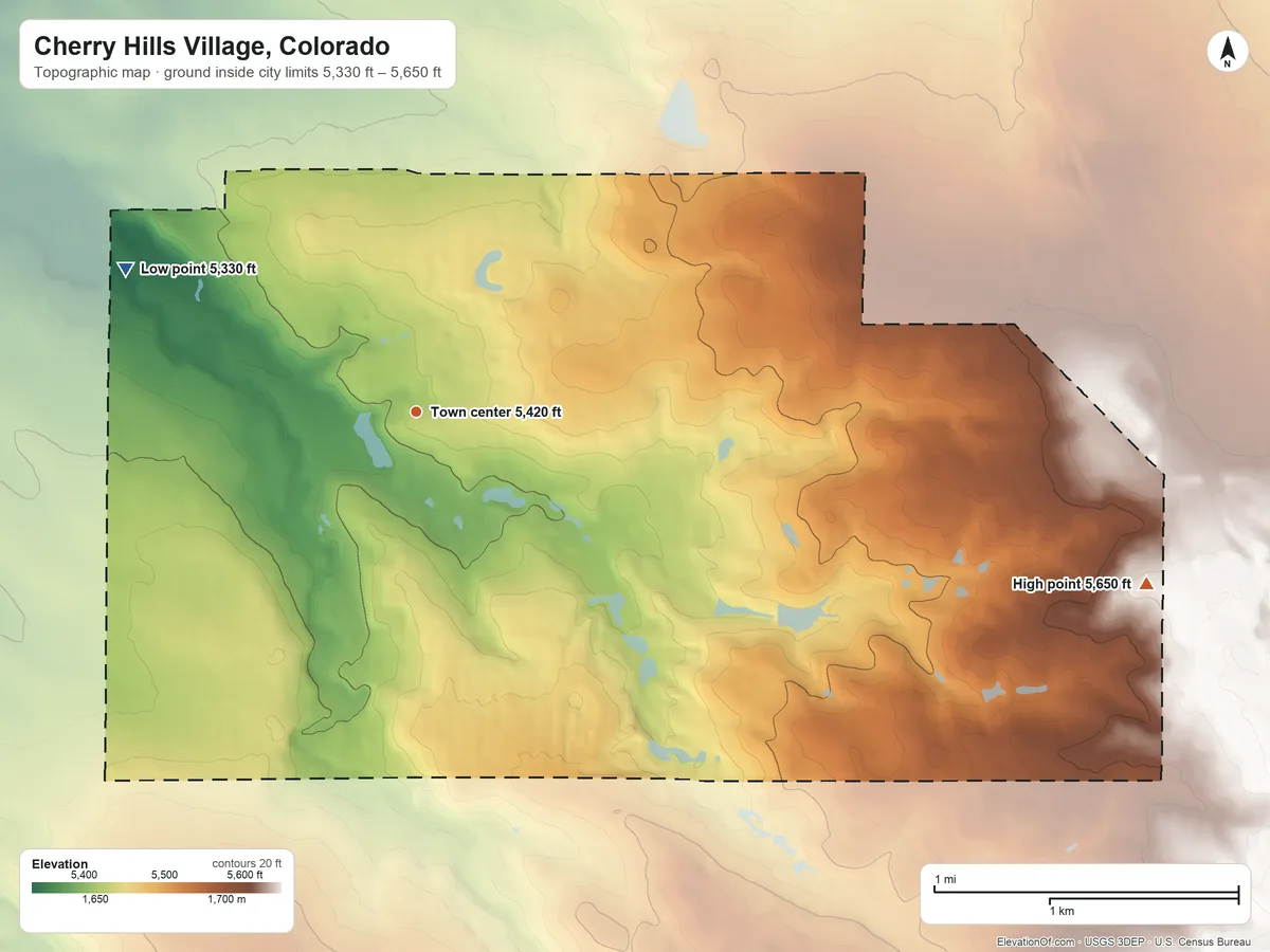 Topographic elevation map of Cherry Hills Village, Colorado, shaded from 5,330 ft on the northwest side to 5,650 ft on the east side