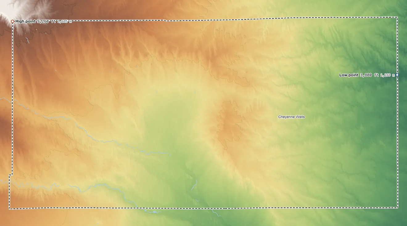 Topographic elevation map of Cheyenne County, Colorado, shaded from 3,800 ft on the east side to 5,260 ft on the northwest side