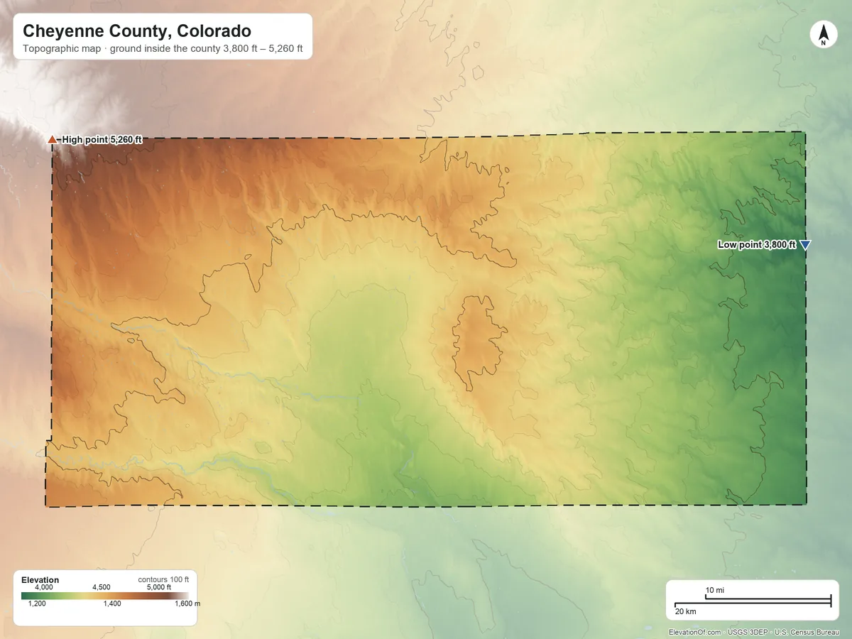 Topographic elevation map of Cheyenne County, Colorado, shaded from 3,800 ft on the east side to 5,260 ft on the northwest side