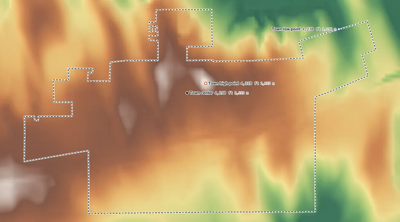 Topographic elevation map of Cheyenne Wells, Colorado, shaded from 4,230 ft on the northeast side to 4,310 ft near the middle