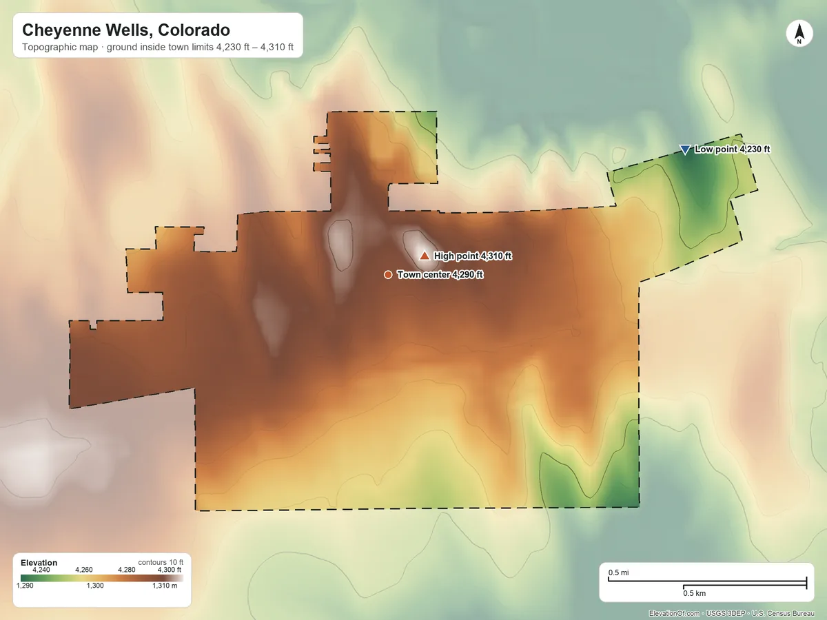 Topographic elevation map of Cheyenne Wells, Colorado, shaded from 4,230 ft on the northeast side to 4,310 ft near the middle