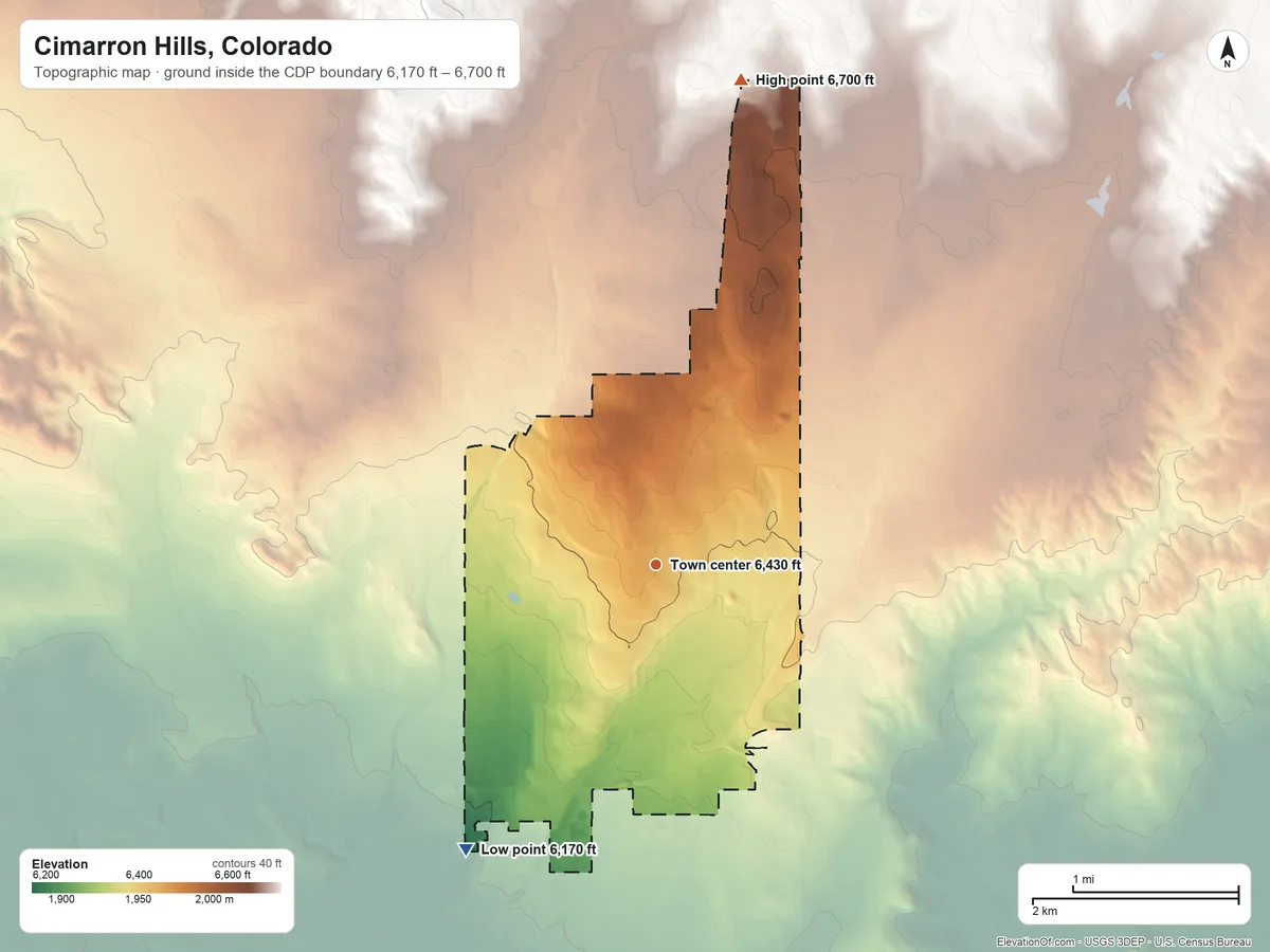 Topographic elevation map of Cimarron Hills, Colorado, shaded from 6,170 ft on the southwest side to 6,700 ft on the north side