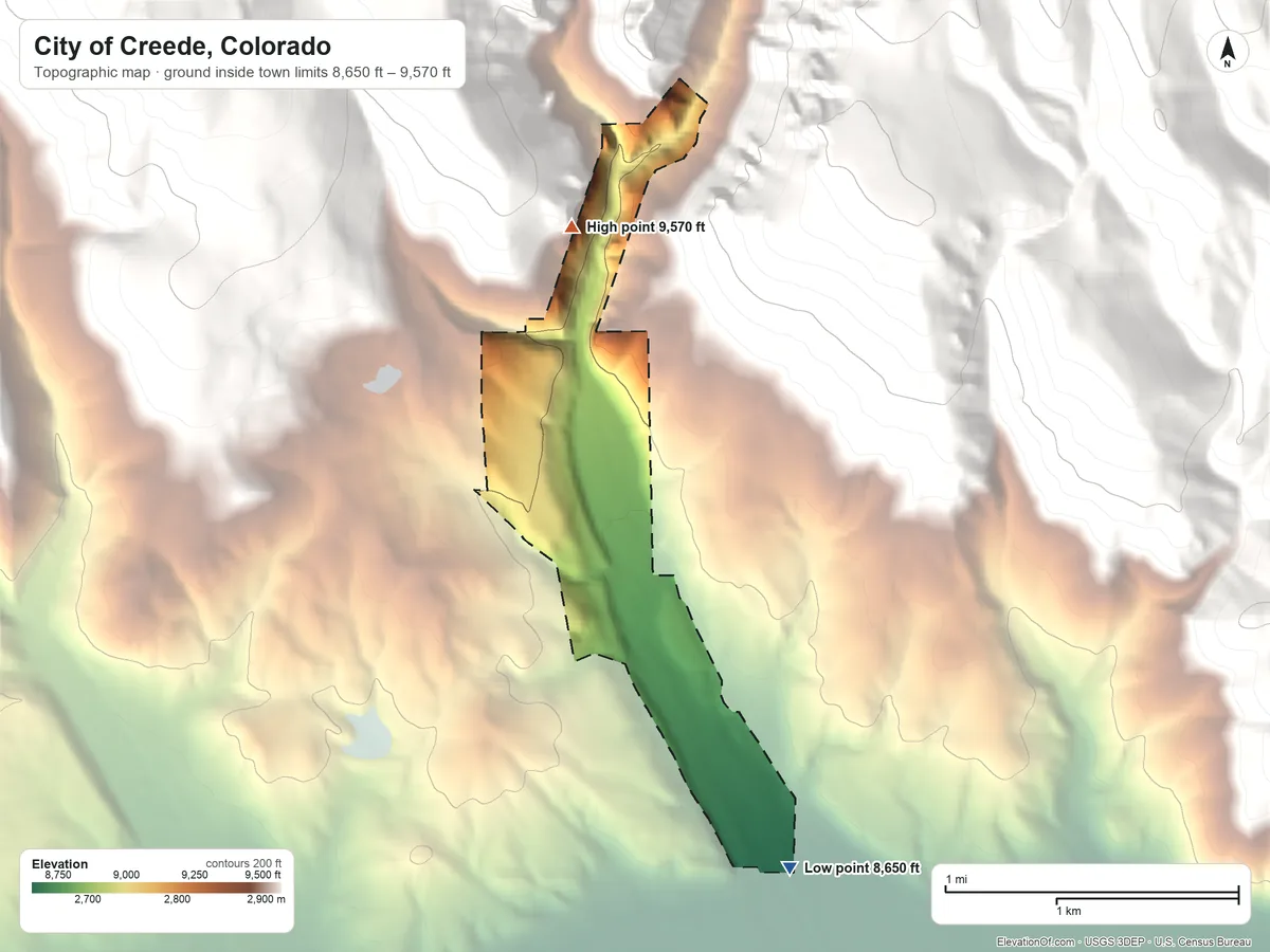 Topographic elevation map of City of Creede, Colorado, shaded from 8,650 ft on the southeast side to 9,570 ft at the foot of the La Garita Mountains