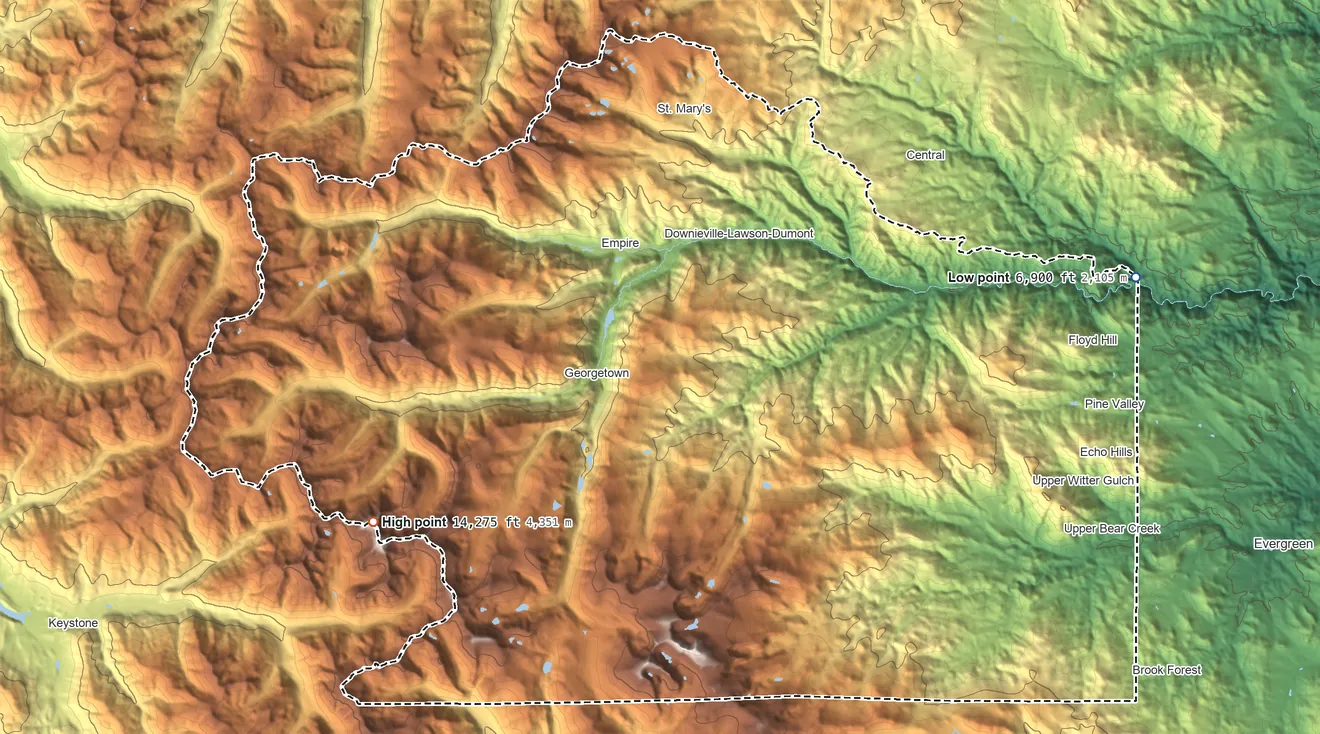 Topographic elevation map of Clear Creek County, Colorado, shaded from 6,900 ft on the east side to 14,275 ft on Torreys Peak