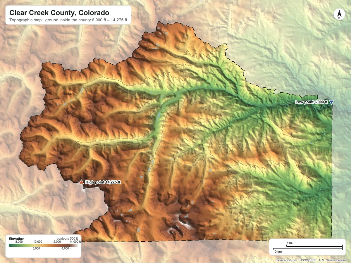 Topographic elevation map of Clear Creek County, Colorado, shaded from 6,900 ft on the east side to 14,275 ft on Torreys Peak