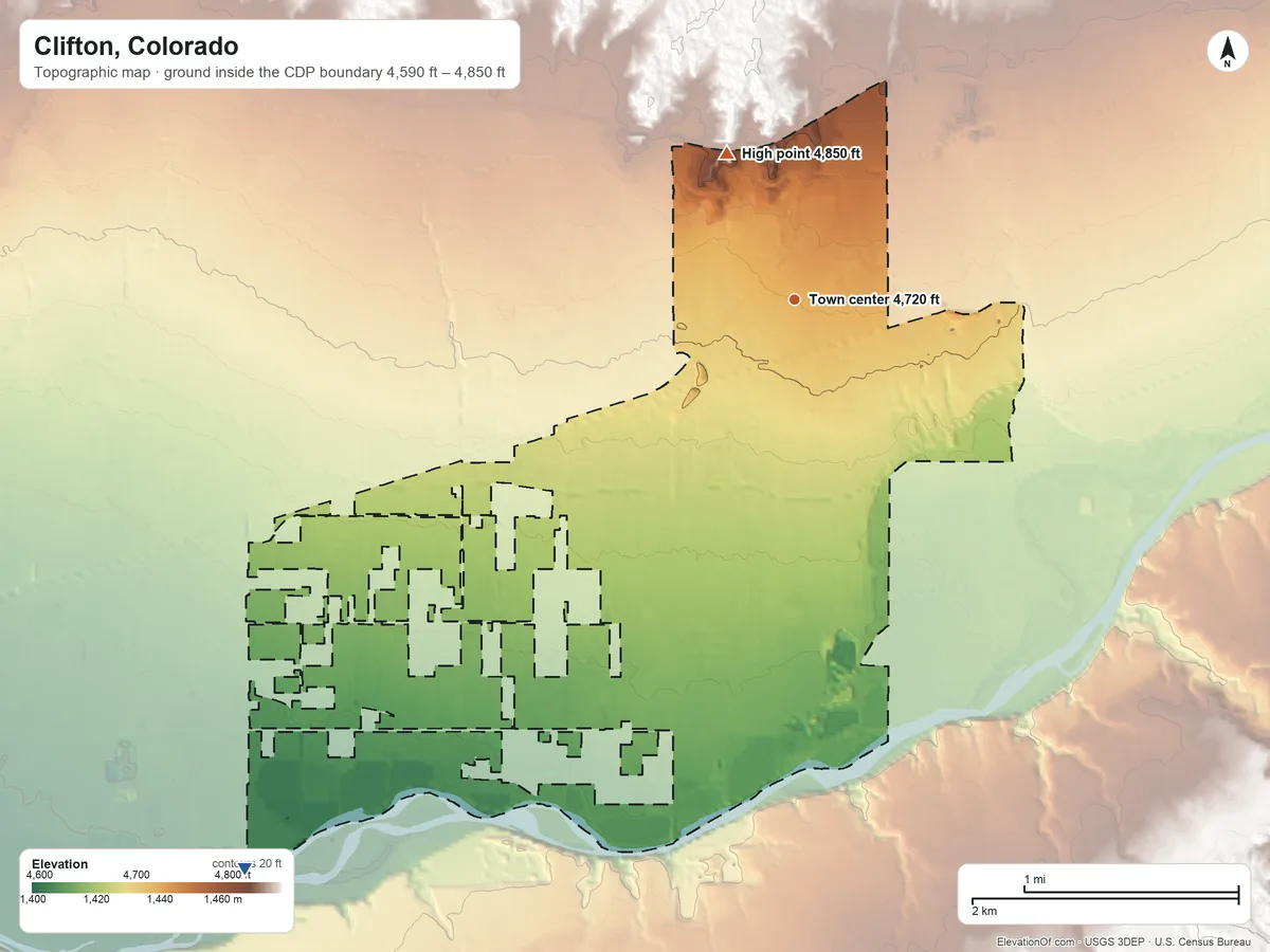 Topographic elevation map of Clifton, Colorado, shaded from 4,590 ft on the southwest side to 4,850 ft on the northwest side