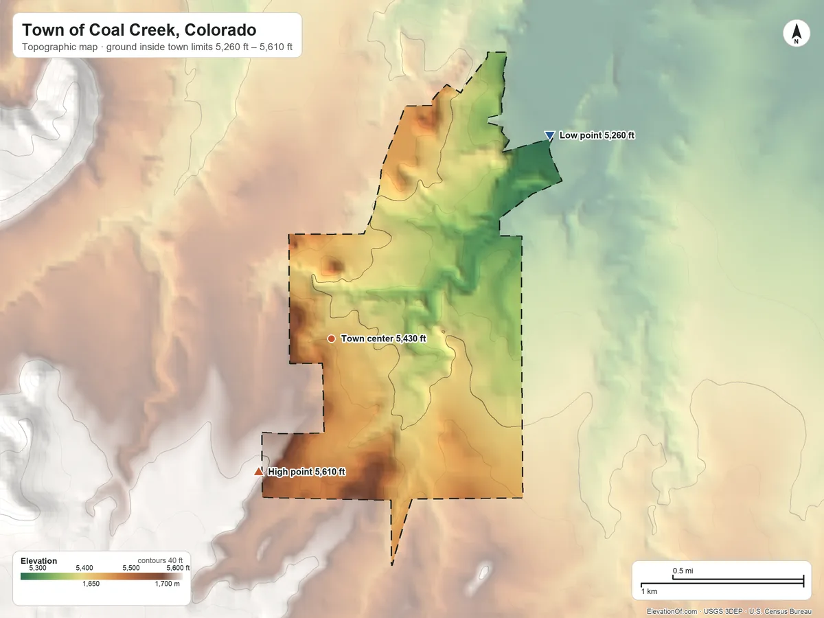 Topographic elevation map of Town of Coal Creek, Colorado, shaded from 5,260 ft on the northeast side to 5,610 ft on the southwest edge, below higher ground just outside