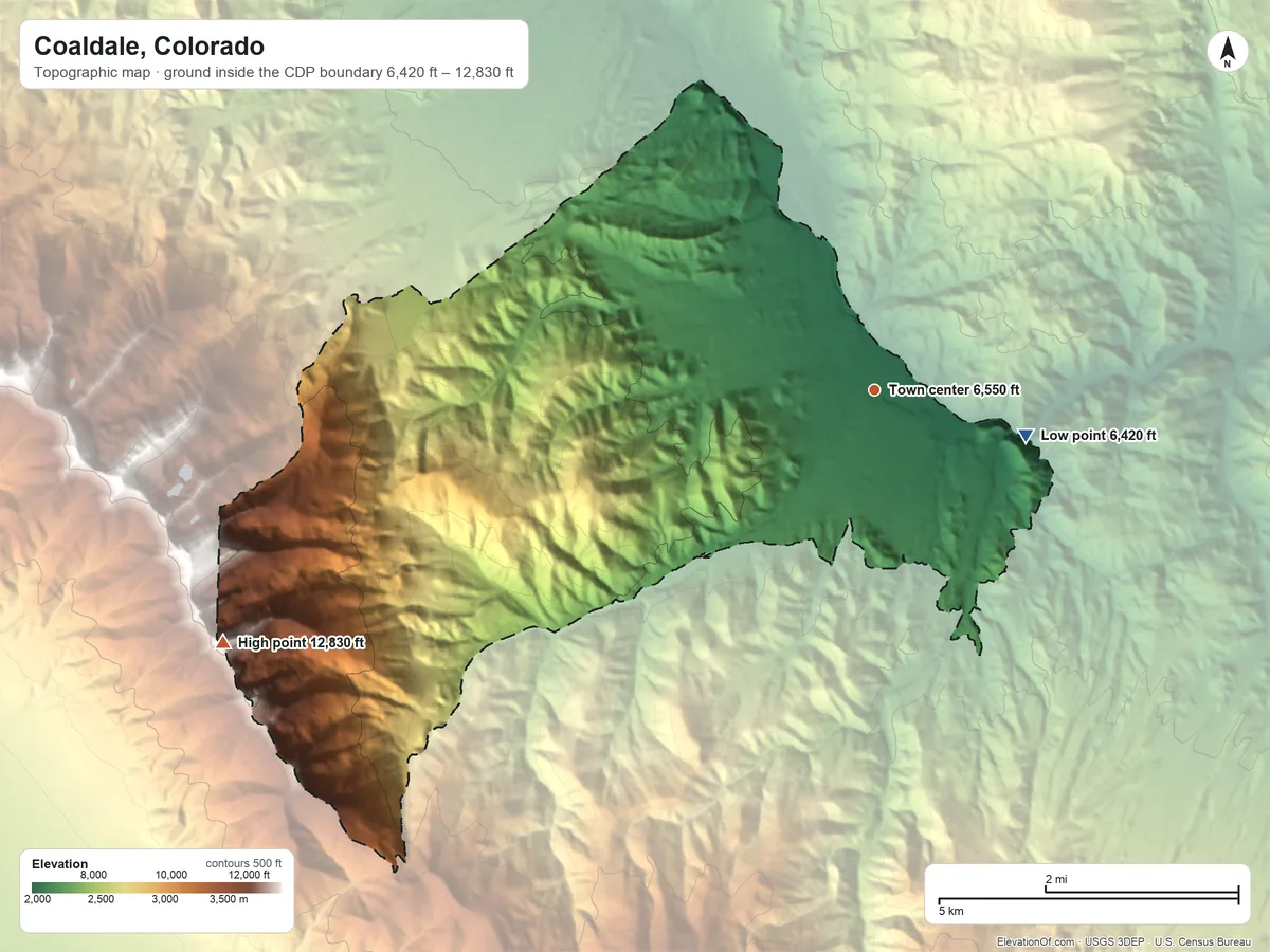 Topographic elevation map of Coaldale, Colorado, shaded from 6,420 ft on the east side to 12,830 ft on Mount Otto