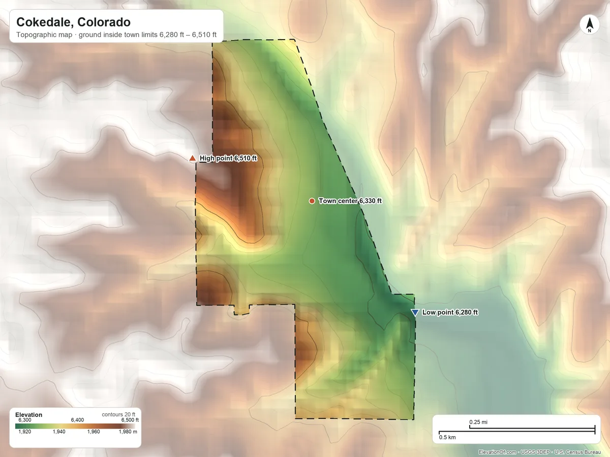 Topographic elevation map of Cokedale, Colorado, shaded from 6,280 ft on the southeast side to 6,510 ft on the west side