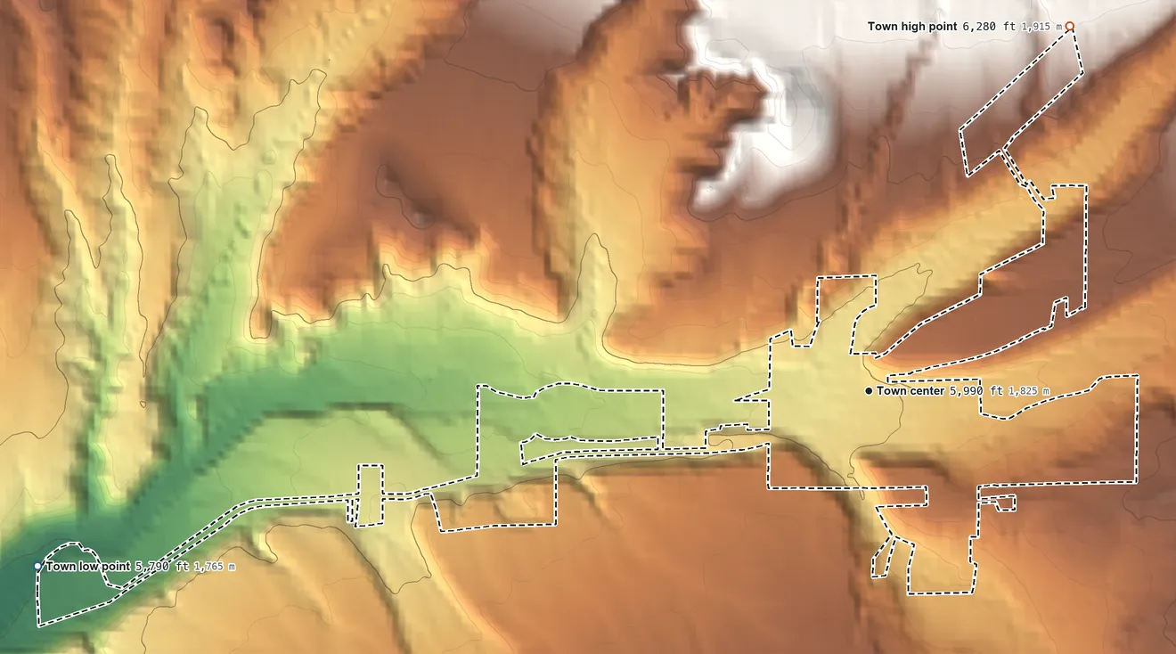 Topographic elevation map of Collbran, Colorado, shaded from 5,790 ft on the west side to 6,280 ft on the northeast edge, below higher ground just outside