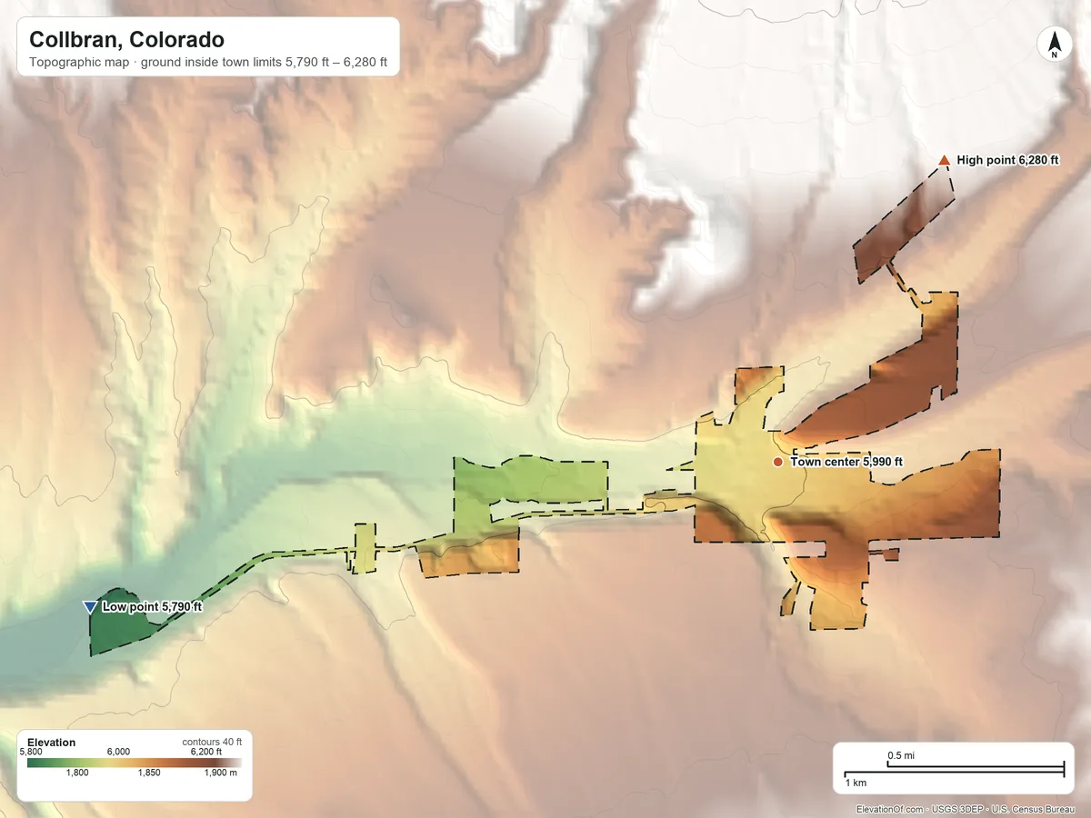 Topographic elevation map of Collbran, Colorado, shaded from 5,790 ft on the west side to 6,280 ft on the northeast edge, below higher ground just outside