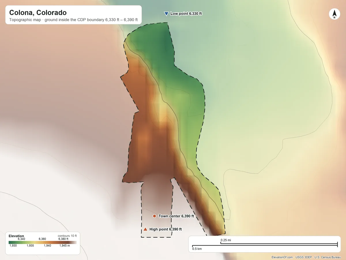 Topographic elevation map of Colona, Colorado, shaded from 6,330 ft on the north side to 6,390 ft on the southwest edge, below higher ground just outside