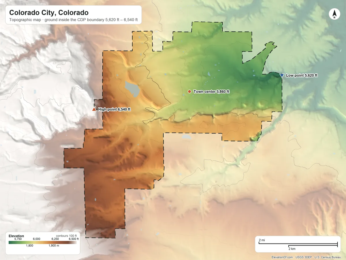 Topographic elevation map of Colorado City, Colorado, shaded from 5,620 ft on the east side to 6,540 ft on the west edge, below higher ground just outside