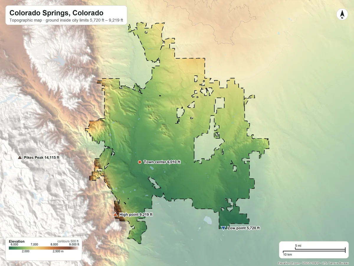 Topographic elevation map of Colorado Springs, Colorado, shaded from 5,720 ft on the southeast side to 9,219 ft on The Horns