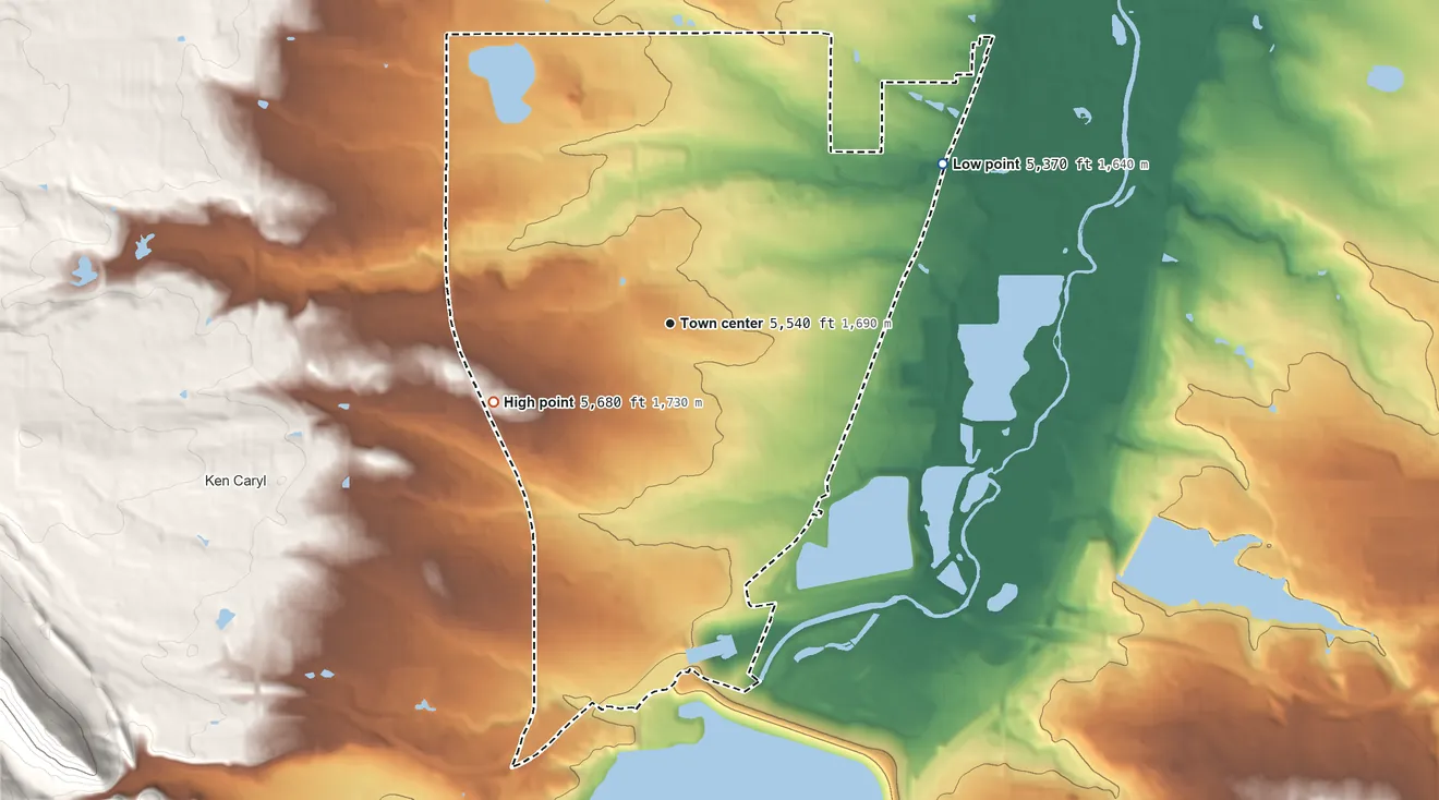 Topographic elevation map of Columbine, Colorado, shaded from 5,370 ft on the northeast side to 5,680 ft on the southwest side