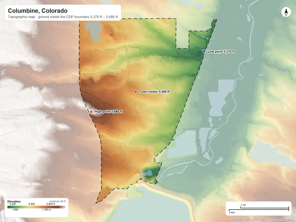 Topographic elevation map of Columbine, Colorado, shaded from 5,370 ft on the northeast side to 5,680 ft on the southwest side