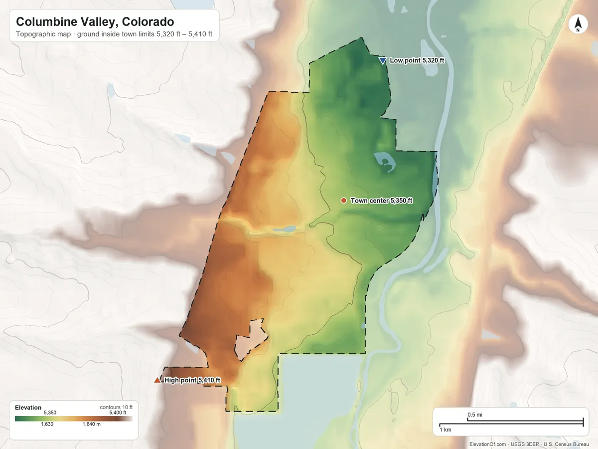 Topographic elevation map of Columbine Valley, Colorado, shaded from 5,320 ft on the north side to 5,410 ft on the southwest side