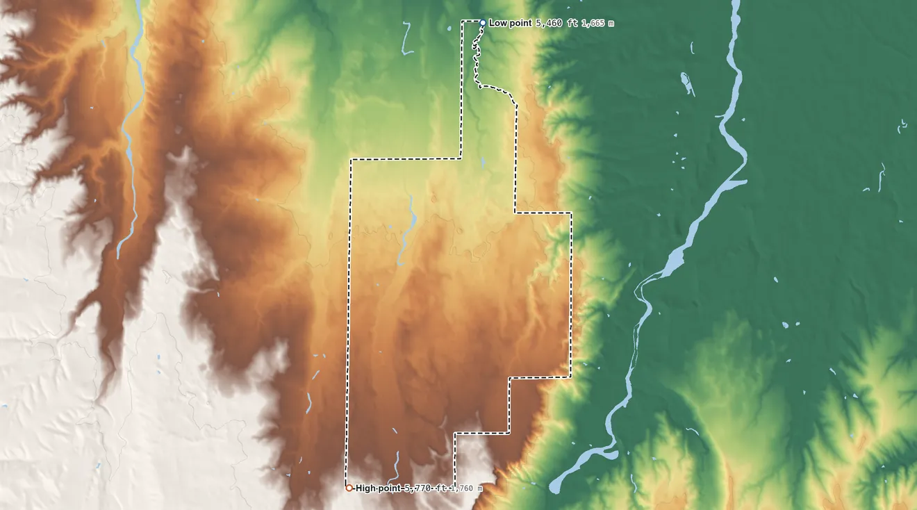 Topographic elevation map of Comanche Creek, Colorado, shaded from 5,460 ft on the north side to 5,770 ft on the southwest side