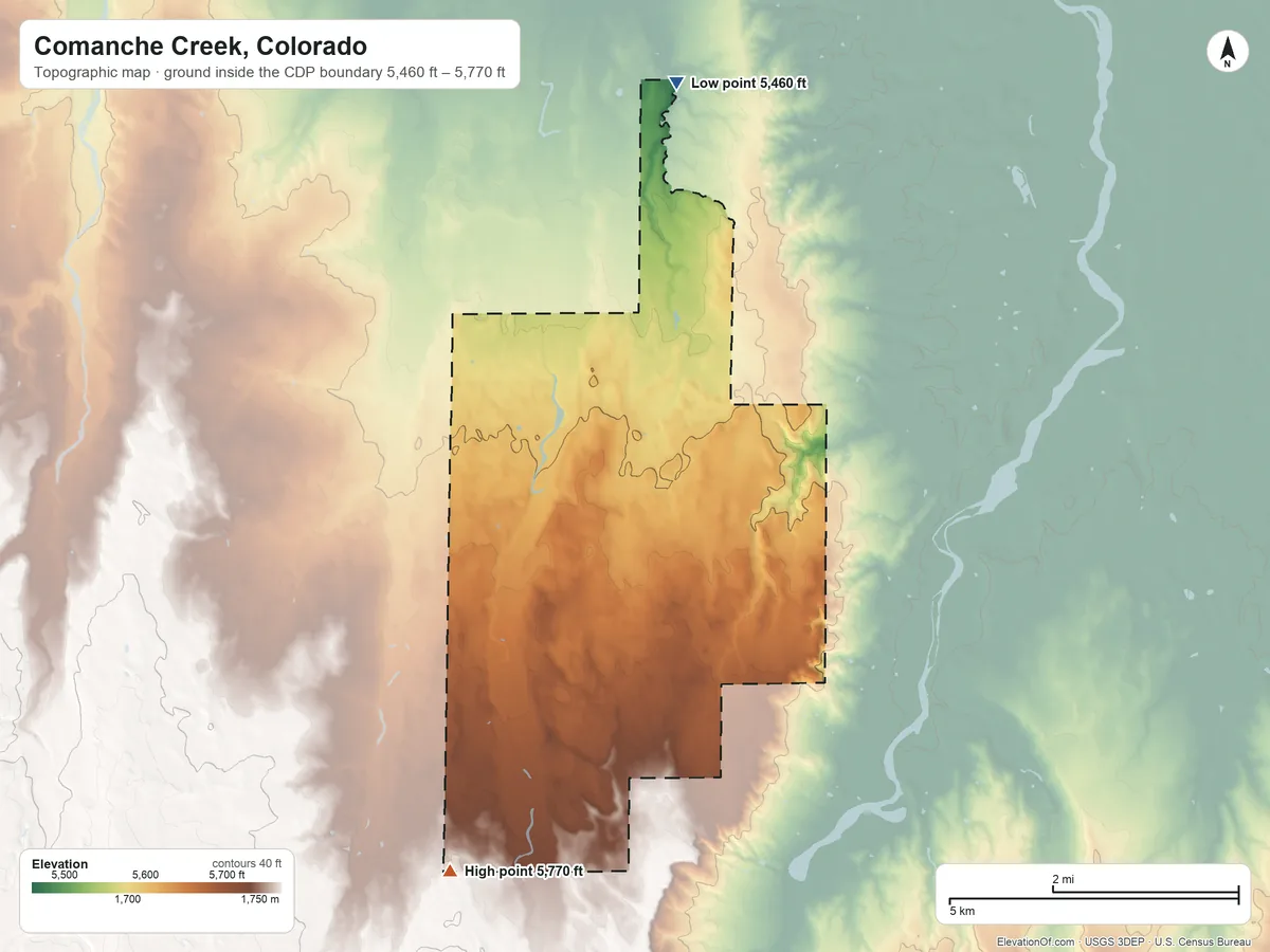 Topographic elevation map of Comanche Creek, Colorado, shaded from 5,460 ft on the north side to 5,770 ft on the southwest side