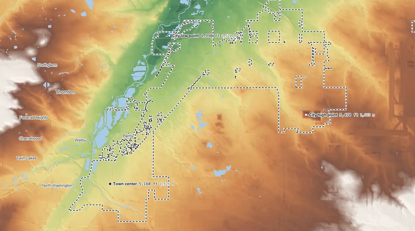Topographic elevation map of Commerce City, Colorado, shaded from 4,990 ft on the north side to 5,470 ft on the east side