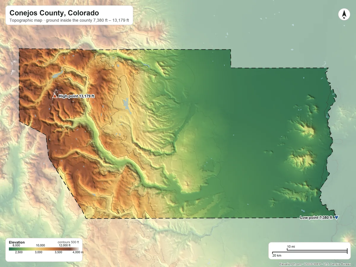 Topographic elevation map of Conejos County, Colorado, shaded from 7,380 ft on the southeast side to 13,179 ft on Conejos Peak