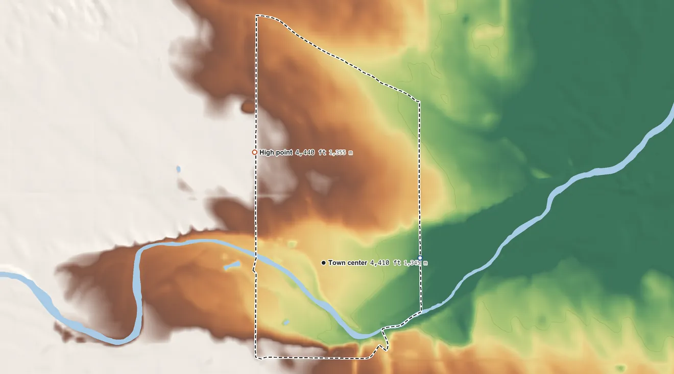 Topographic elevation map of Cope, Colorado, shaded from 4,390 ft on the east side to 4,440 ft on the northwest side