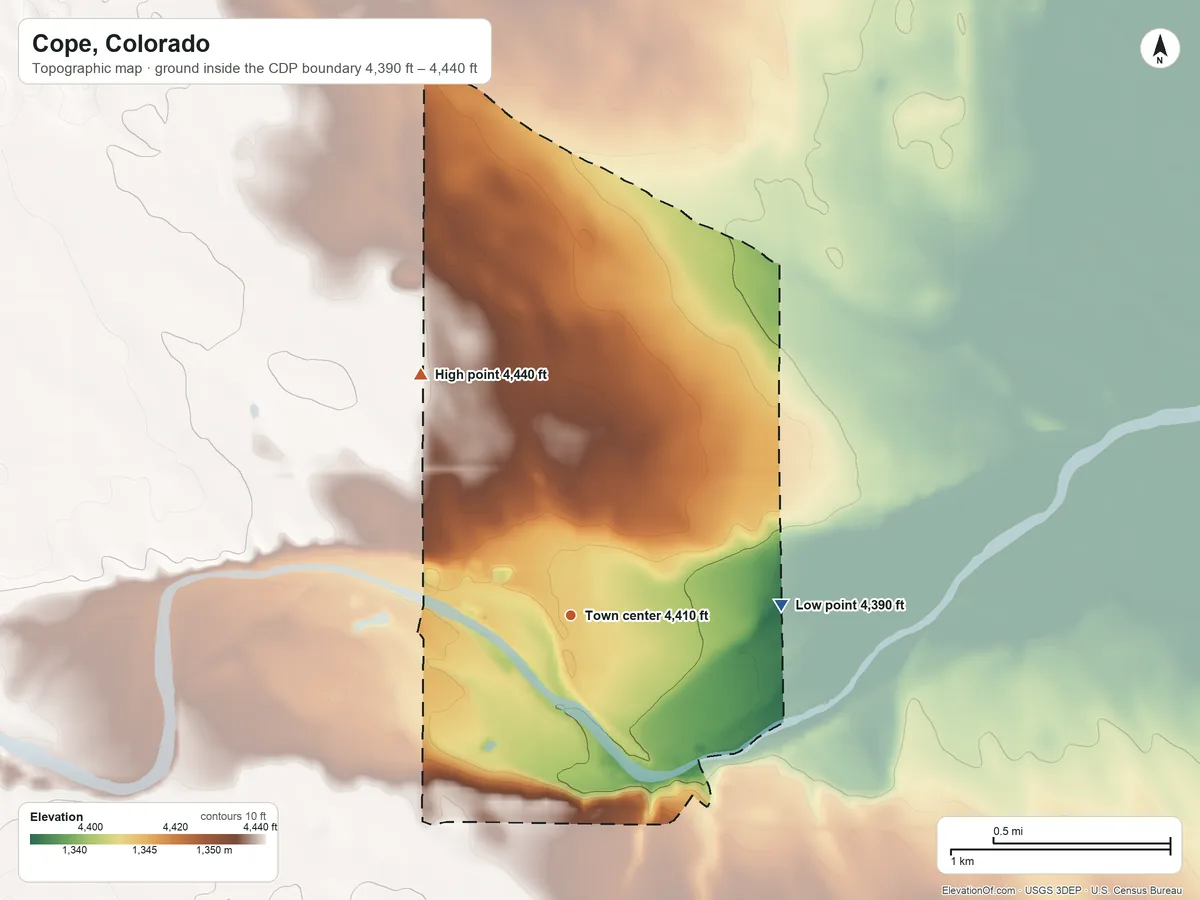 Topographic elevation map of Cope, Colorado, shaded from 4,390 ft on the east side to 4,440 ft on the northwest side