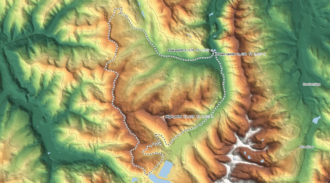 Topographic elevation map of Copper Mountain, Colorado, shaded from 9,670 ft near the middle to 13,210 ft on Jacque Peak