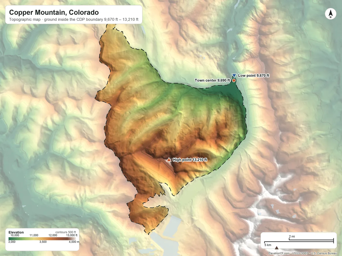 Topographic elevation map of Copper Mountain, Colorado, shaded from 9,670 ft near the middle to 13,210 ft on Jacque Peak