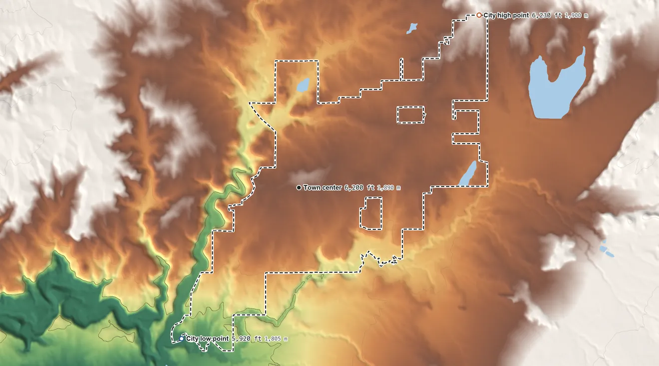 Topographic elevation map of Cortez, Colorado, shaded from 5,920 ft on the southwest side to 6,230 ft on the northeast side